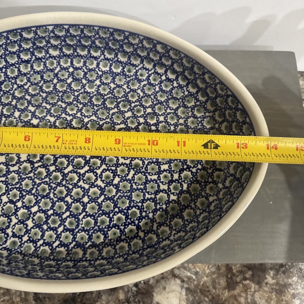 Vintage Boleslawiec Polish Pottery, Oval Deep Baking Dish, Blue And Green 14in - Picture 11 of 14